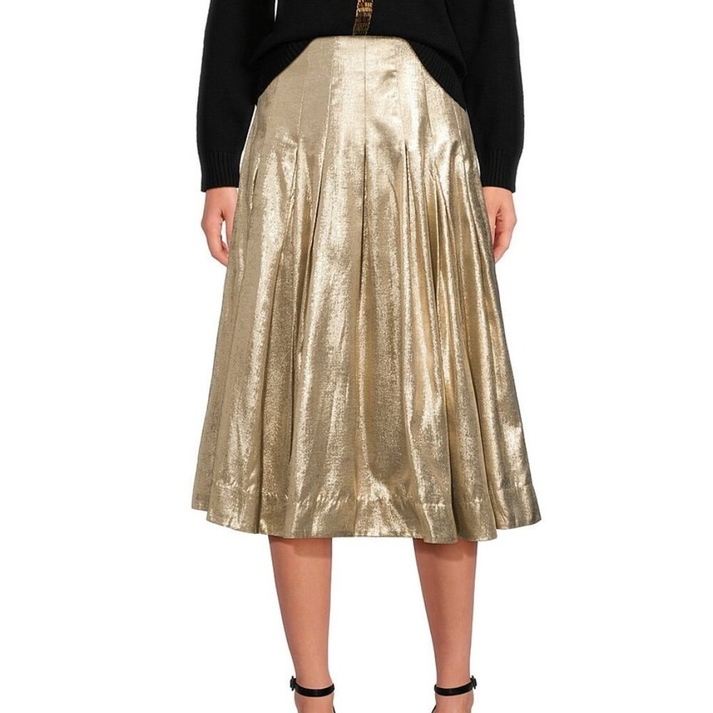MESTIZA NEW YORK SEVILLE METALLIC PLEAT MIDI SKIRT SZ 12 GOLD NIGHT OUT CAPSULE